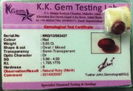 5.65 Ct. Satyamani Certified Natural Ruby(Manik) Gemstone