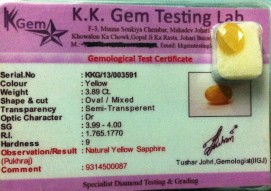 3.89 Ct. Satyamani Certified Natural Yellow Sapphire Gemstone