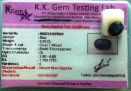 6 Ct. Satyamani Certified Natural Blue Sapphire / Neelam Gemstone