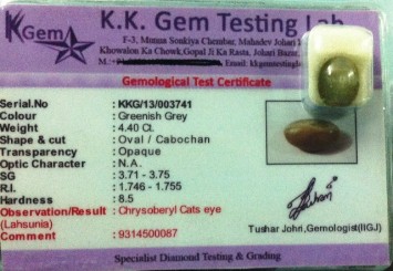 4.4 Ct. Satyamani Certified Chrysoberyl /Cat's Eye Gemstone