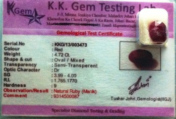 4.74 Ct. Satyamani Certified Natural Ruby(Manik) Gemstone