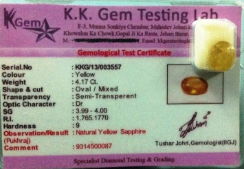 4.17 Ct. Satyamani Certified Natural Yellow Sapphire Gemstone