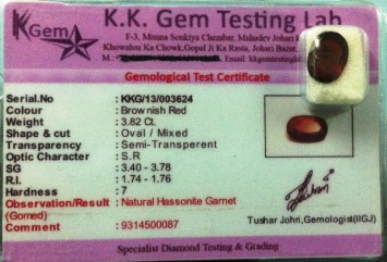 3.82 Ct. Satyamani Certified Natural Hassonite /Garnet Gemstone