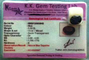 5.22 Ct. Satyamani Certified Natural Blue Sapphire Gemstone