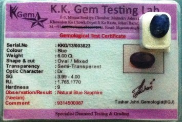 6 Ct. Satyamani Certified Natural Blue Sapphire / Neelam Gemstone