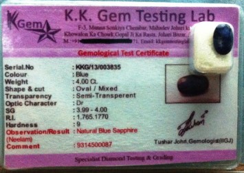 4 Ct. Satyamani Certified Natural Blue Sapphire / Neelam Gemstone