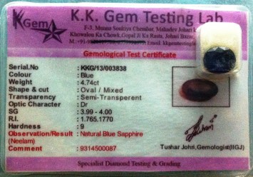 4.74 Ct. Satyamani Certified Natural Blue Sapphire / Neelam Gemstone