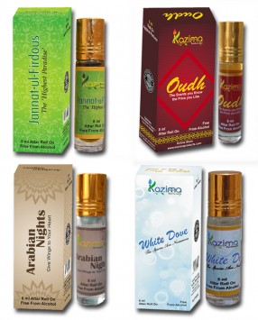 Combo Attar 4pcs (8ml Rollon free From Alcohol) Jannat-Ul- Firdous, Oudh, Arabian Night, White Dove